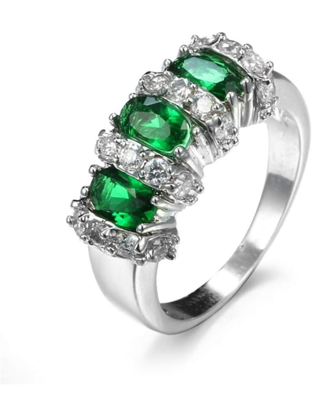 Elegant 3-Stone Emerald Sapphire Ring in 925 Sterling Silver - CZ Eternity Band